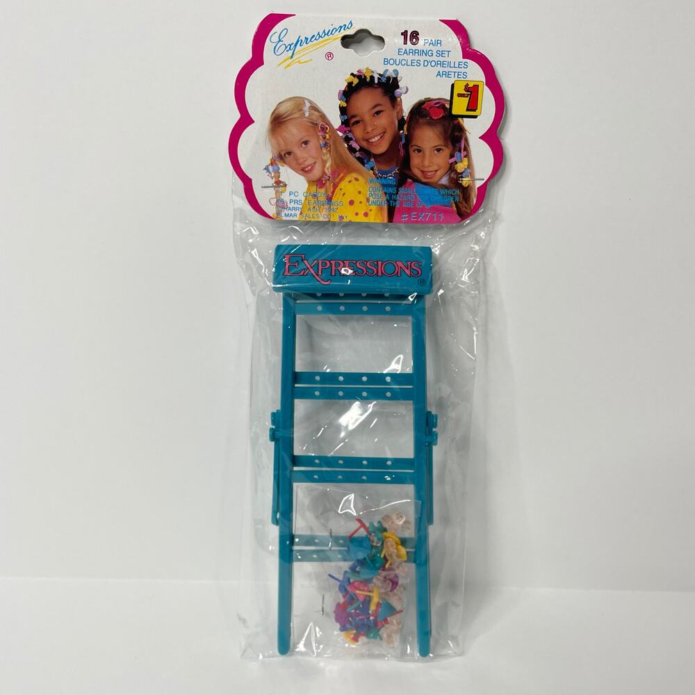 Vintage 90s Y2K Expressions Plastic Earrings 16 Pairs with Ladder Caddy New Blue